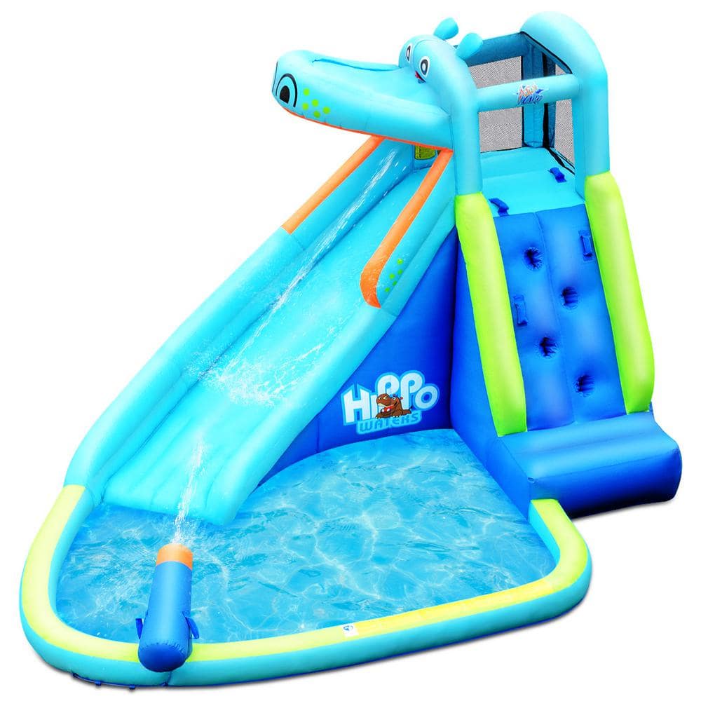 Costway Blue Inflatable Kids Hippo Bounce House Slide Climbing Wall Splash Pool with Bag