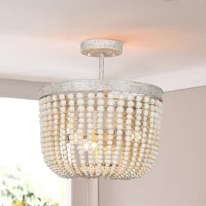 Modern Farmhouse White Drum Bead Semi-Flush Mount Light, 3-Light Classic Boho Ceiling Light with Handmade Wood Beads