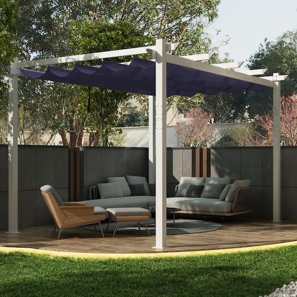 PURPLE LEAF 10 ft. W x 12 ft. D Modern White Aluminum Pergola with Navy Blue Adjustable Fade-Resistant Sun Shelter Canopy for Deck