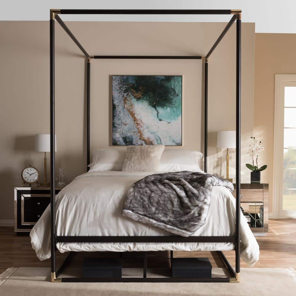 Eva Vintage Industrial Black Metal Canopy Queen Bed