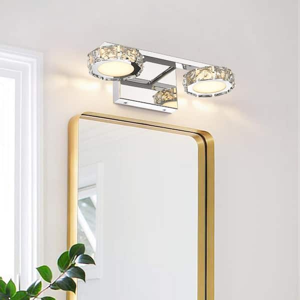 Modern Chrome 2-Light Dimmable Wall Sconce with Clear Crystal Shades