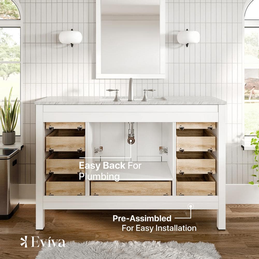 Aberdeen 60" White Birch Marble Single Sink Vanity with Porcelain Basin