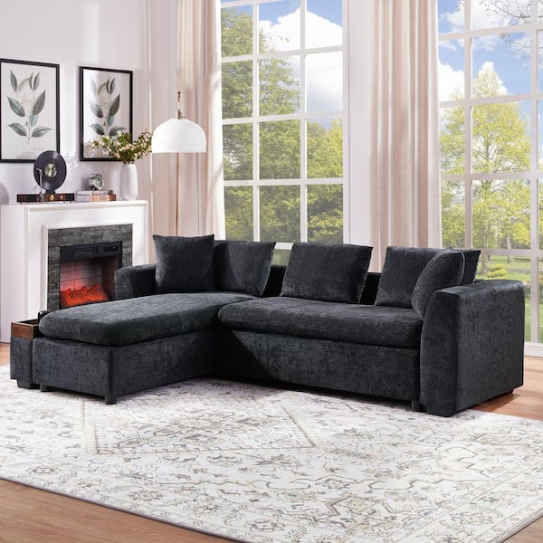 93.7 in. Square Arm Chenille Sectional Sofa with wooden Storage Compartment in. Black
