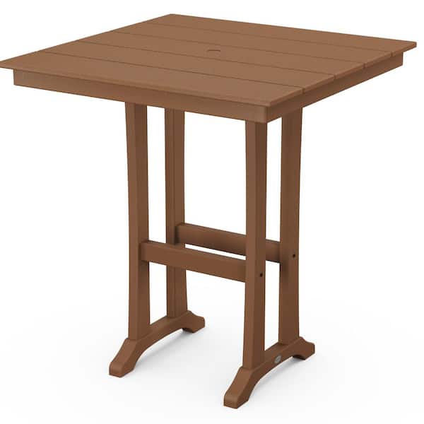 POLYWOOD Farmhouse Trestle Teak HDPE Plastic 37 in. Bar Table