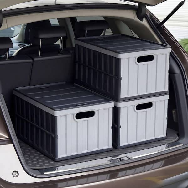 Plastic Collapsible Storage Bins with Lids, 65L Set of 3, Stackable Folding Crates with Handles, 17 Gal. Capacity