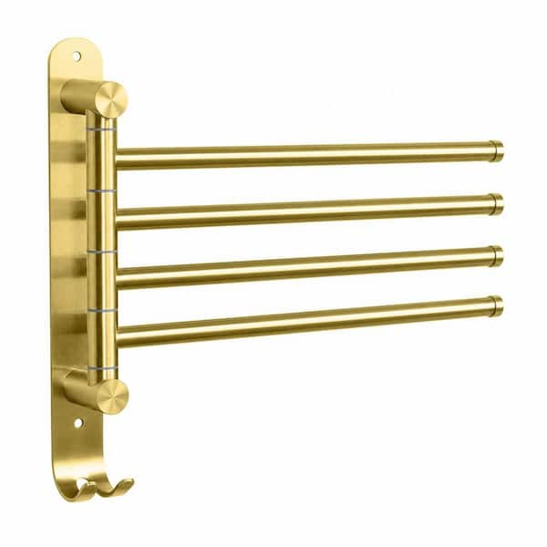 14.7 in. Stainless Steel Wall Mounted 4-Arm Towel Bar in Brushed Gold, Swivel Towel Rack with Hook