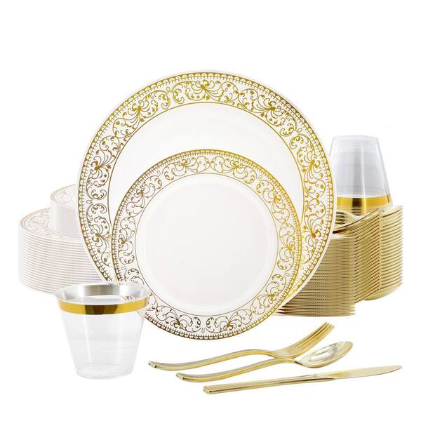 150 Piece Disposable Plastic Dinnerware Party Set for 25 Guests in White with Gold Decal Trim