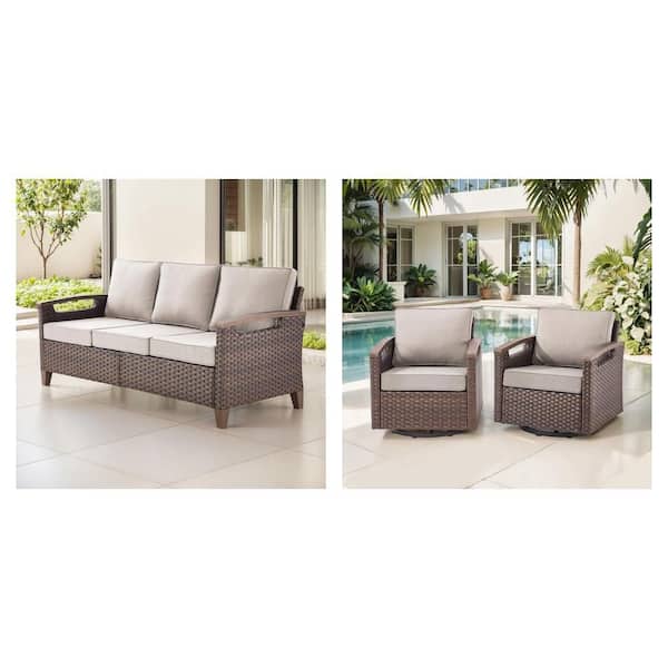 Brown Wicker Outdoor Patio Sofa with Beige Cushion and Glider Swivel Chair (2-Pack)