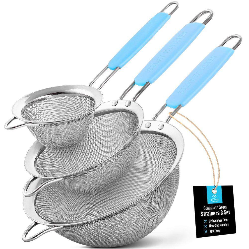Blue Stainless Steel Mesh Strainer Set with Non-Slip Handles