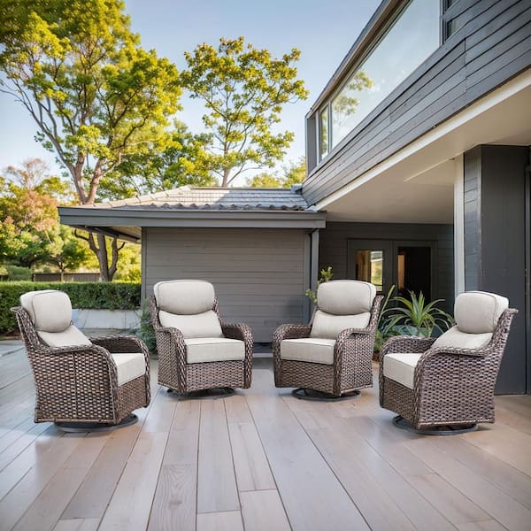 Arcadia Brown Wicker Outdoor Rocking Chair Patio Swivel Glider with 6 in. Thick Beige Box-Edge Cushions (4-Pack)