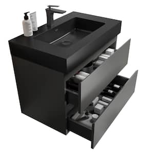 30 in. W x 18 in. D x 25 in. H Single Sink Floating Bath Vanity in Gray with Black Solid Surface Top
