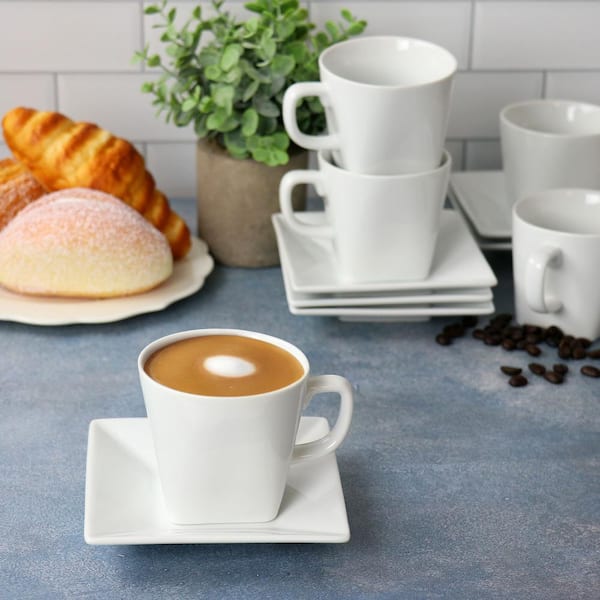 Our Table Simply White Fine Ceramic 6 Piece Square Cup and Saucer Set in White