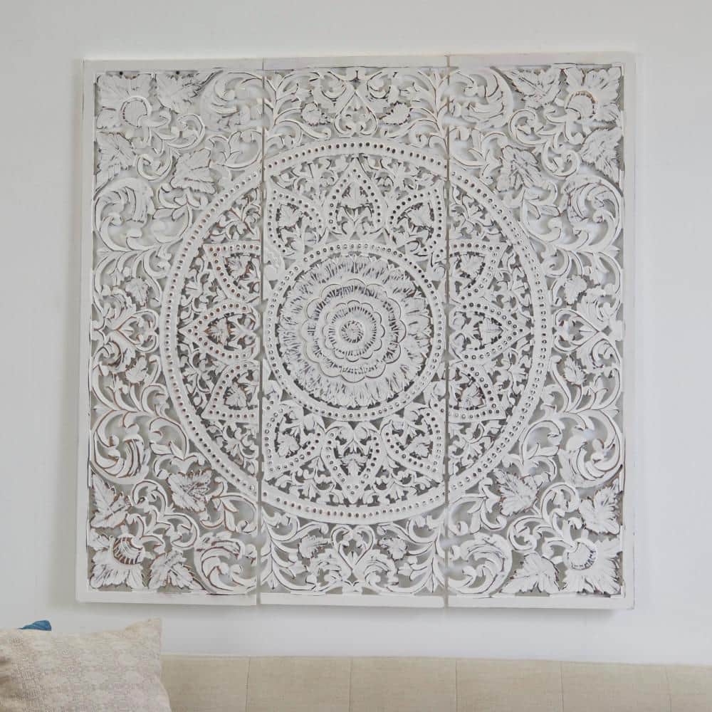 Litton Lane White Wood Handmade Intricately Carved Floral Wall Art with ...