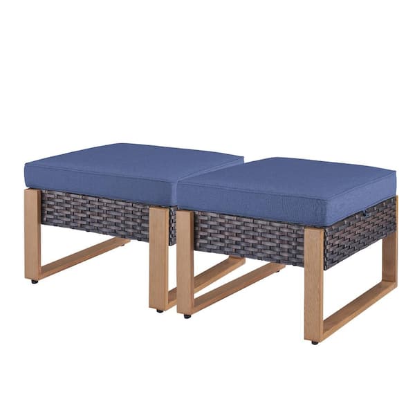 Pocassy Rectangular Framed 2-Pack Brown Wicker Outdoor Ottoman Steel Frame Footstool with Removable Blue Cushions