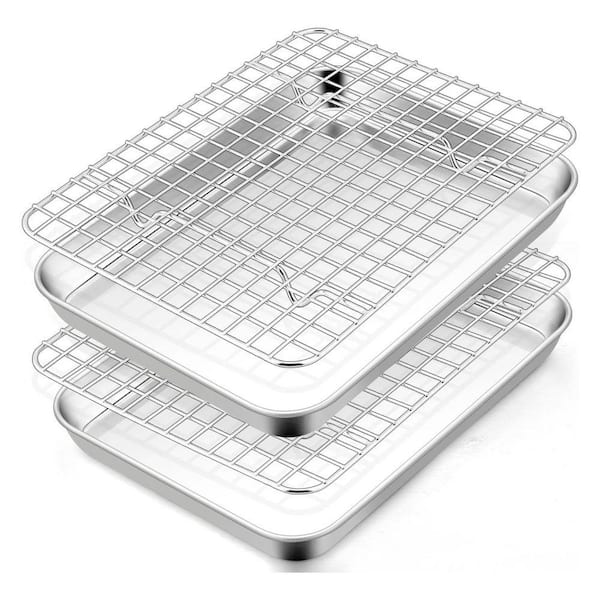 Stainless Steel Heavy Duty Mini Baking Pan Tray Set, Non-Toxic Toaster Oven Pan with Grid Rack Dishwasher Safe