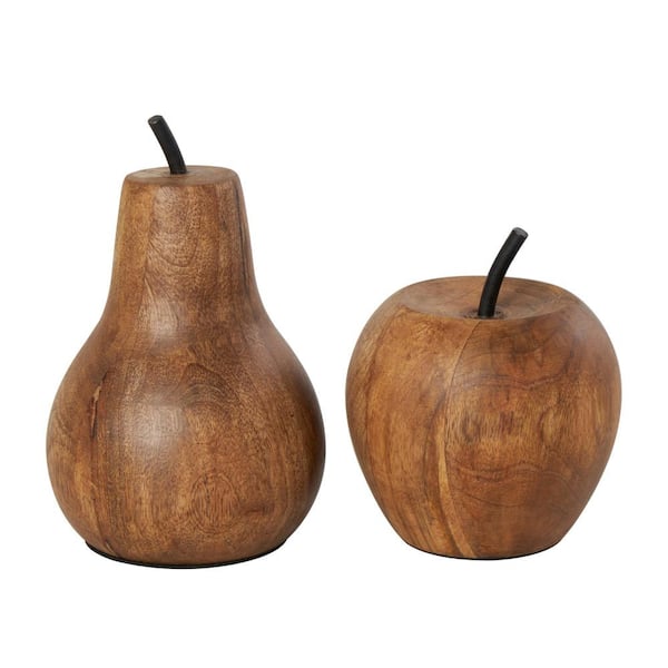 Litton Lane Brown Mango Wood Apple and Pear Fruit Sculpture with Black Metal Stems (Set of 2)
