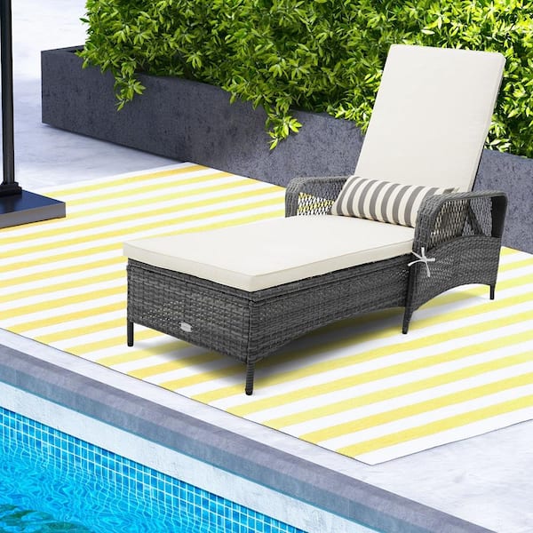 Wicker Outdoor Chaise Lounge Chair Patio Recliner with 6-Level Backrest White Cushion and Pillow