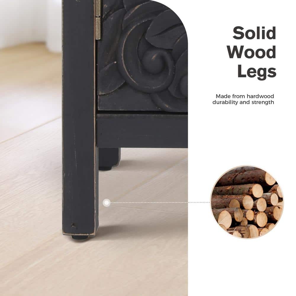 Black Carved Floral Pattern 2-Door Accent Cabinet