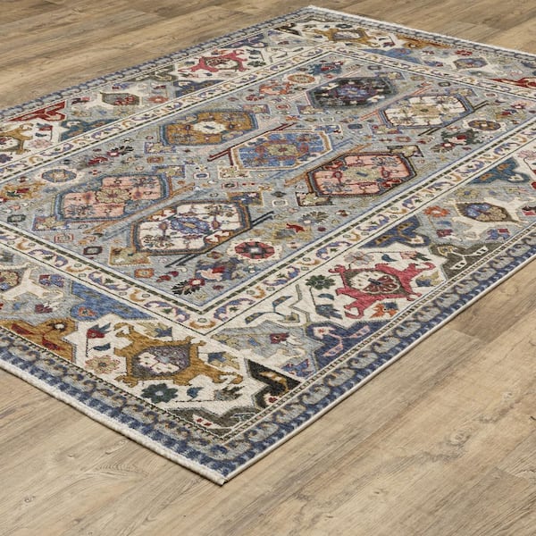 Hunter Blue/Multi-Colored 8 ft. x 11 ft. Persian Oriental Geometric Polyester Fringe-Edge Indoor Area Rug