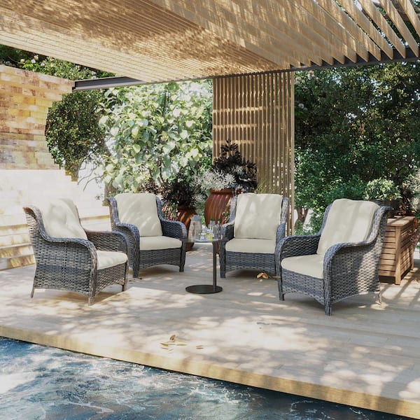 Ergonomic Arm 4-Piece Patio Wicker Outdoor Lounge Chair with Beige Cushions