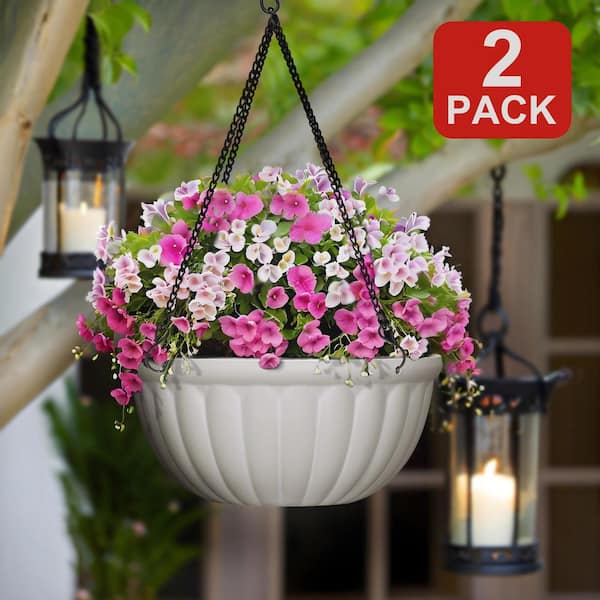 Vigoro 12 in. Dia. White Resin Round Hanging Basket (2-pack)