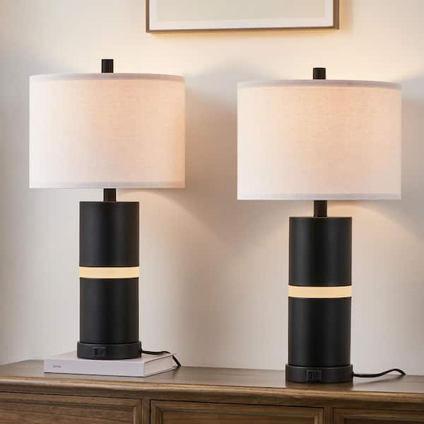 23.25 in. Black Table Lamp Set with Main Light Bulb, LED Night Light and USB Ports (Set of 2)
