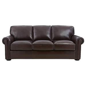 Alwin 86 in. Chocolate Leather 3-Seater Sofa with Round Arms