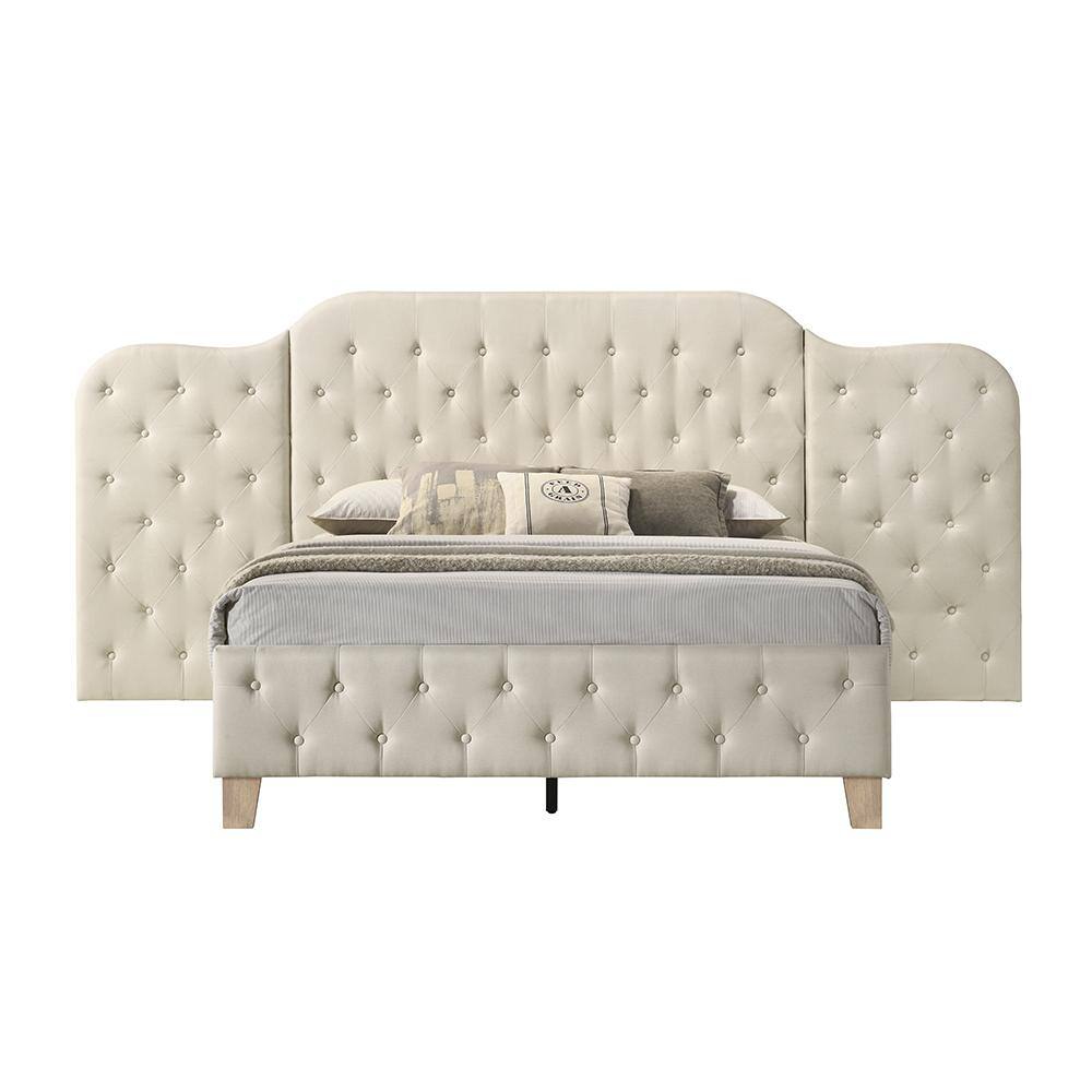 Beige Linen Upholstered Queen Bed with Tufted Headboard and Storage Drawer
