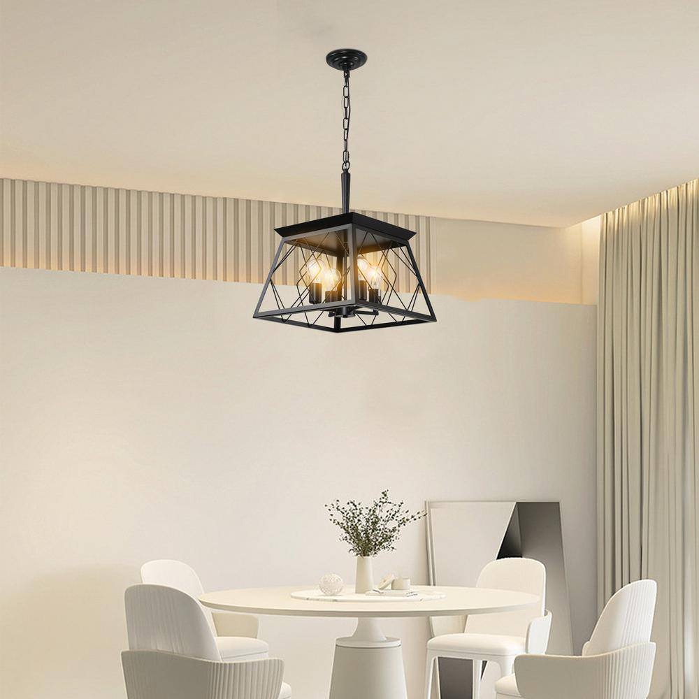Black Metal Square Lantern Pendant Chandelier with Adjustable Chain