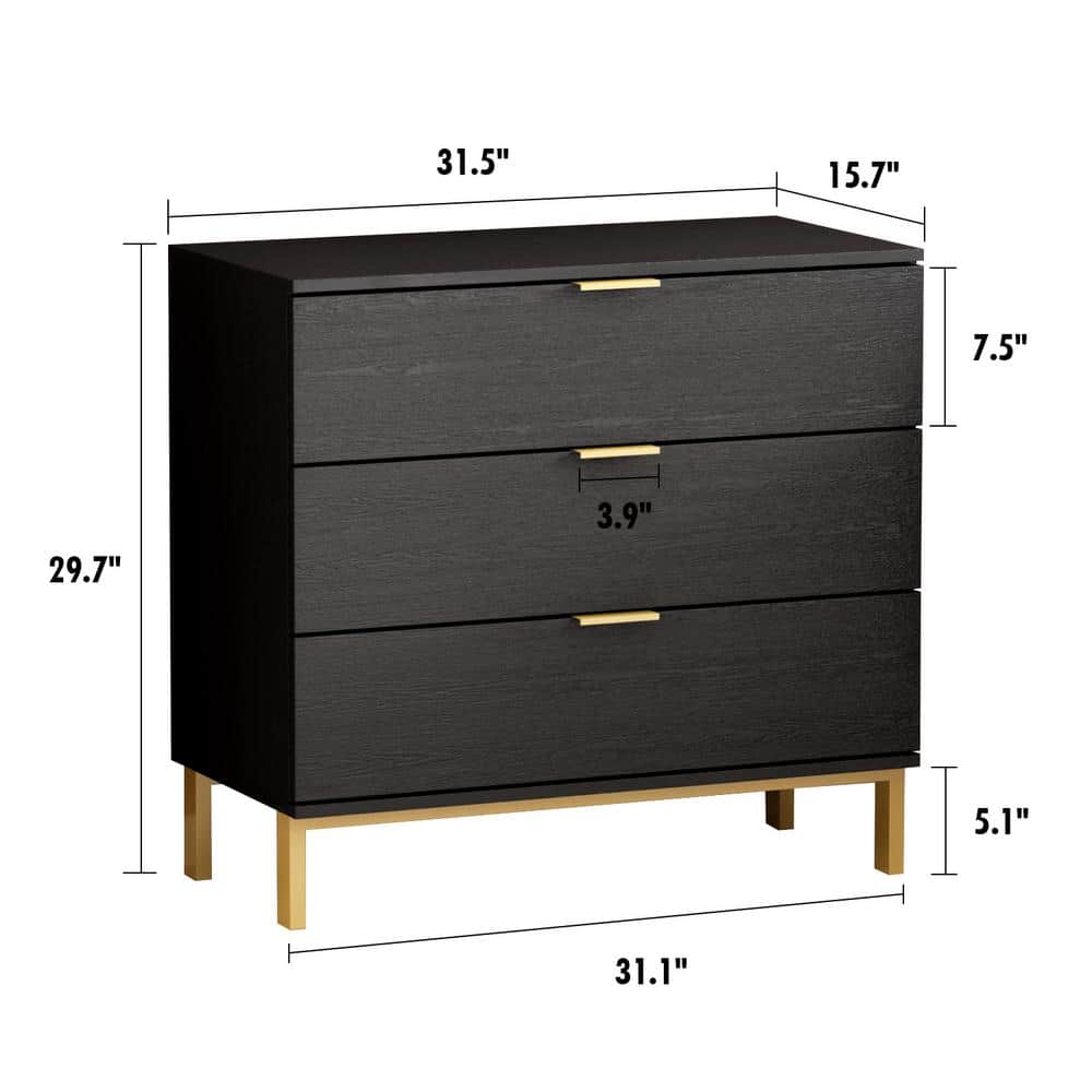 Black MDF Coastal 3-Drawer Chest with Gold Accents