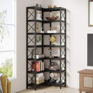 Eulas 78 in. Tall Black Engineered Wood 7-Shelf Corner Bookcase, Large Modern Corner Bookshelf Storage Display Rack