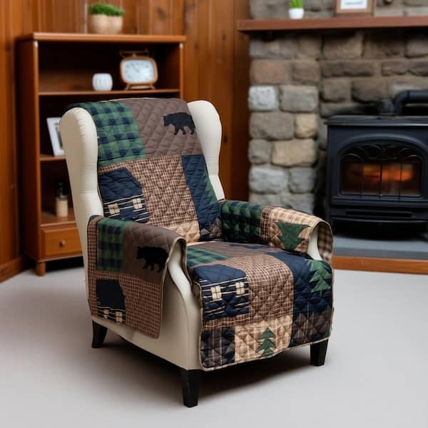 Brown Bear Cabin Tan and Green Polyester 1-Piece Chair Furniture Slipcover