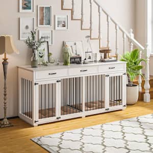 Indoor Large Furniture Style Dog House Kennel with 3 Drawers, Large Dog Crate Furniture for 2 Medium Dogs, White
