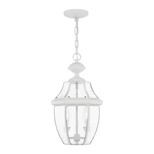 Aston 19 in. 2-Light White Dimmable Outdoor Pendant Light with Clear Beveled Glass and No Bulbs Included