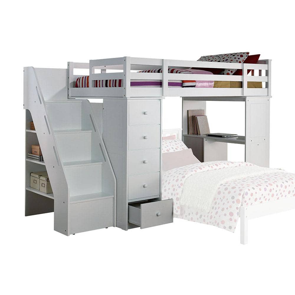 White Twin Loft Bed with Bookcase and Storage Drawers
