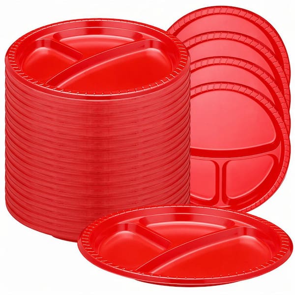 10 in. Red Red Family Disposable Plastic Plates Dinnerware 3 Compartments Round Heavy Duty (100-Pieces Per Case)