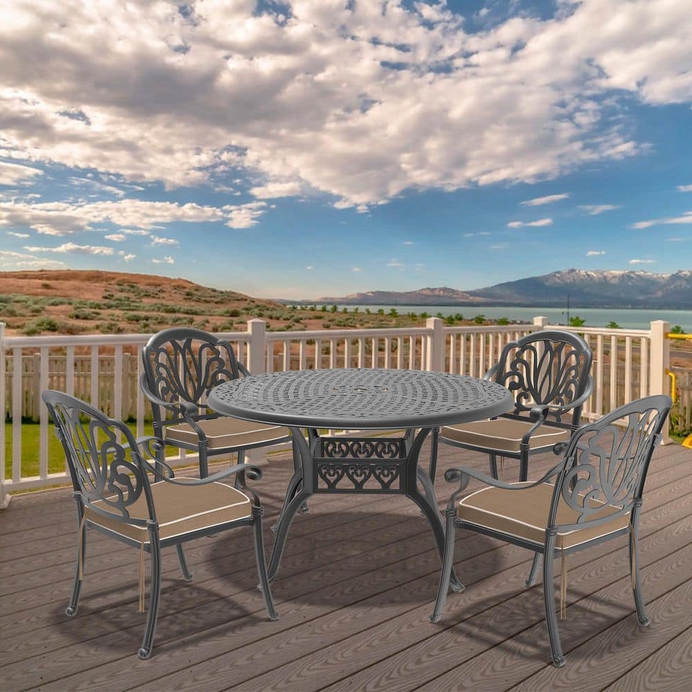 Black 5-Piece Cast Aluminum Outdoor Dining Set with Brown Cushions, Stackable Patio Furniture price history on PriceWatchPro