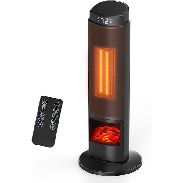 Black 1,500-Watt 23.6" Thermostat Electric Patio Heater with Remote & 7 Light Colors, 70°Oscillation