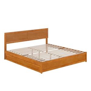 Lylah Light Toffee Natural Bronze Solid Wood Frame King Platform Bed with Panel Footboard and Twin XL Trundle