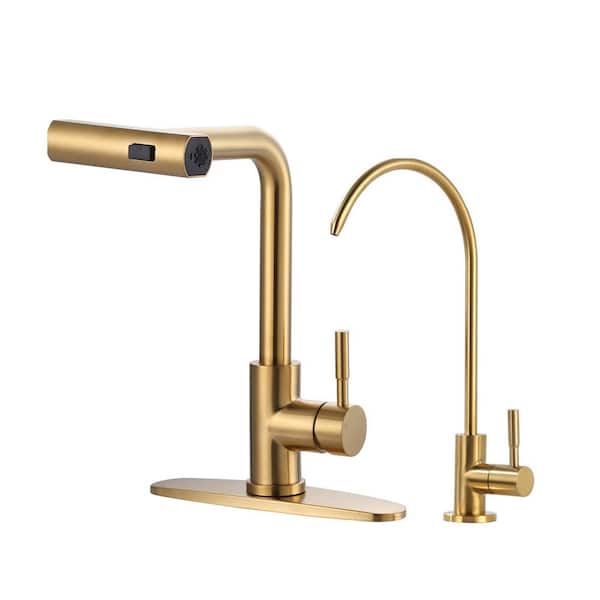15.6 in. Single-Handle Pull-Out Sprayer Kitchen Faucet with 360° Rotary Filter Faucet in Brushed Gold