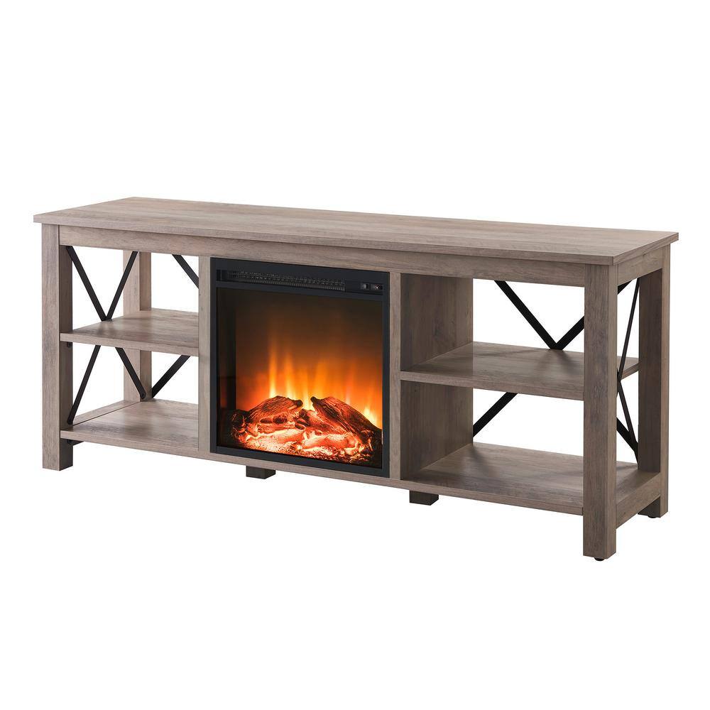 Meyer&Cross Sawyer 58 in. Gray Oak TV Stand with Log Fireplace Insert