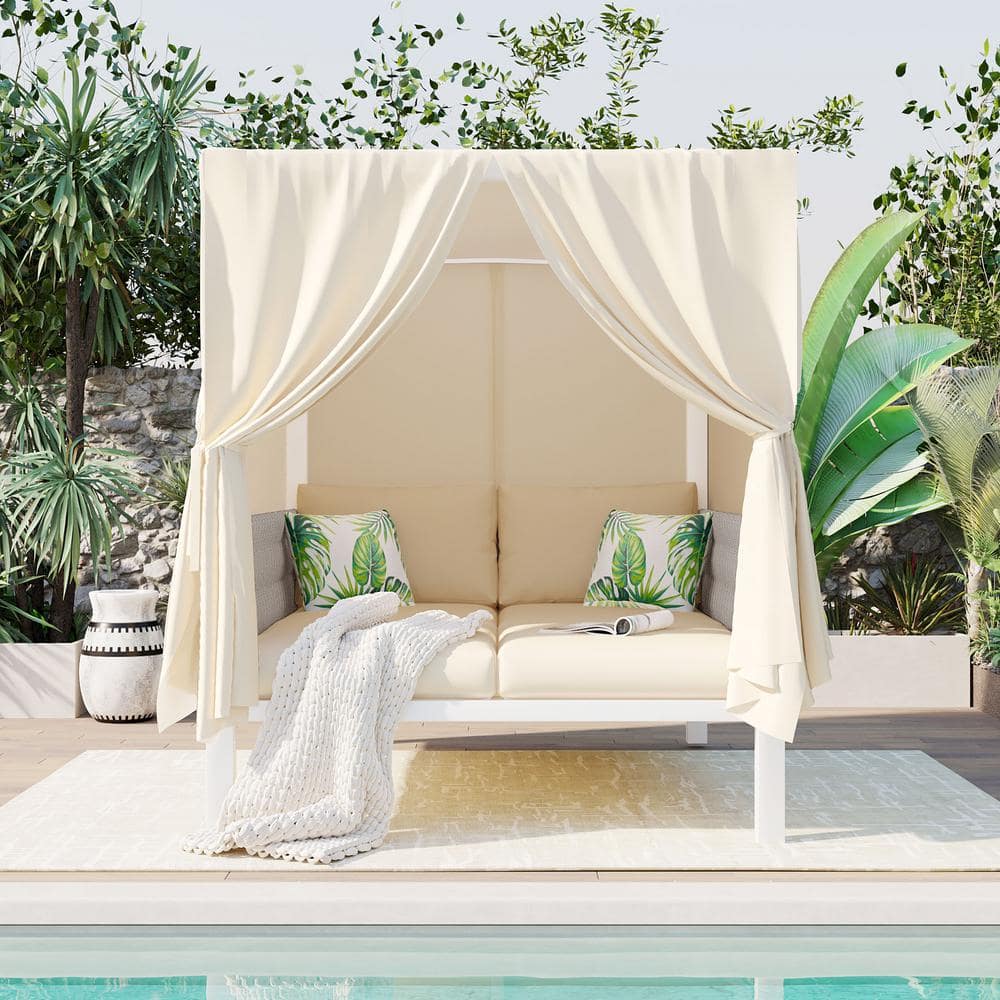 Metal Outdoor Day Bed, Woven Rope Sunbed with Curtains, High Comfort, Suita
