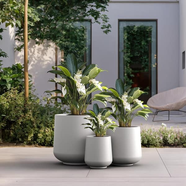 15.5in., 12in., 8.5in. Dia Crisp White Extra Large Tall Round Concrete Plant Pot/Planter for Indoor & Outdoor Set of 3