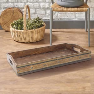 Brown Rectangular Wooden Tray with Black Metal Trim and Rivets