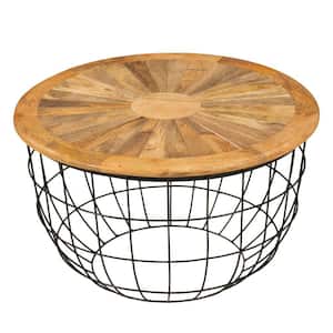 30 in. Brown and Black Round Mango Wood Coffee Table with Wooden Top and Nesting Basket Frame