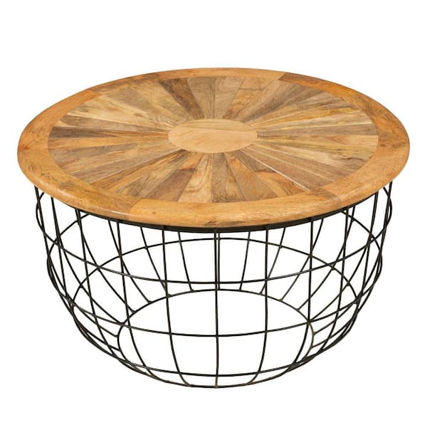 THE URBAN PORT in. Brown and Black Round Mango Wood Table Wooden Top and Nesting Basket Frame UPT-263265 - The Home Depot