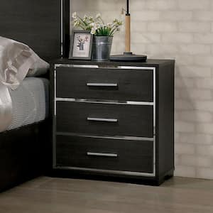 Warm Gray Solid Wood Nightstand with Modern Lines Chrome Trim Insert and Storage 3 of Drawers（24"x15"x26 in. H）