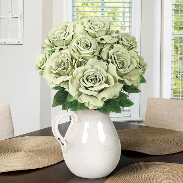 22 in. Sage Green Artificial Grand Rose Flower Stem Bush Bouquet (Set of 2)