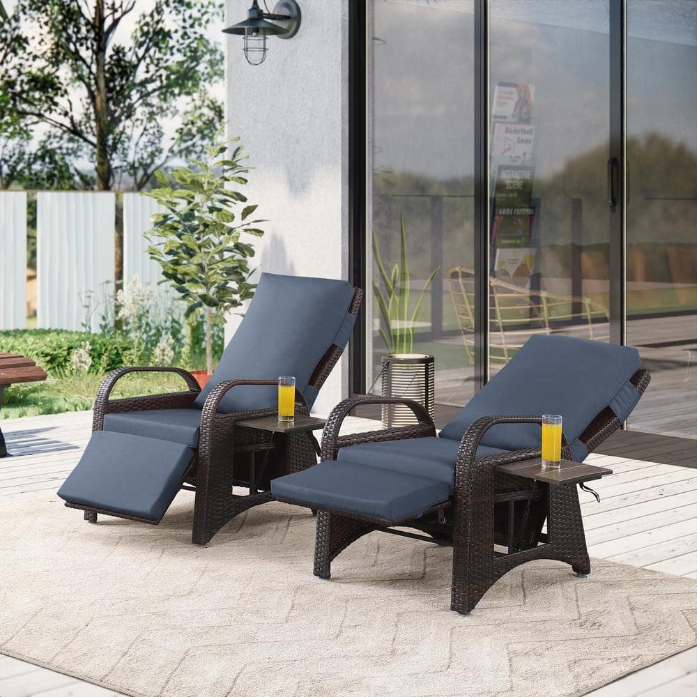 Menton 2-Pieces Brown Wicker Outdoor Recliner Chair with Navy Blue Cushion Patio Lounge Chair with Coffee Table -  THY-HOM, JP-A001BRBL-2pc