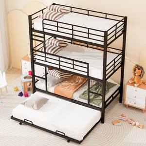 Detachable Style Black Twin Size Metal Triple Bunk Bed with 2-Ladders, Twin Trundle